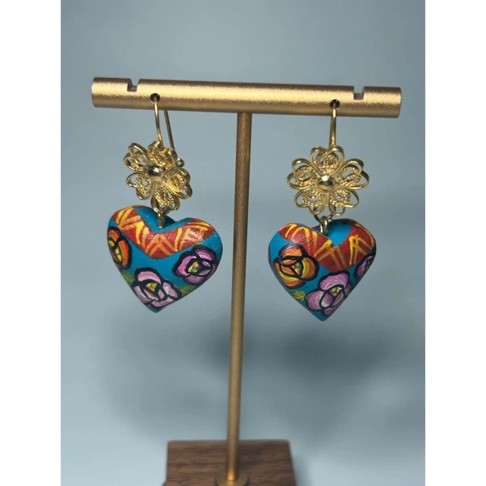 Handmade Floral Heart Earrings – Colorful Artisan Folk Art Jewelry